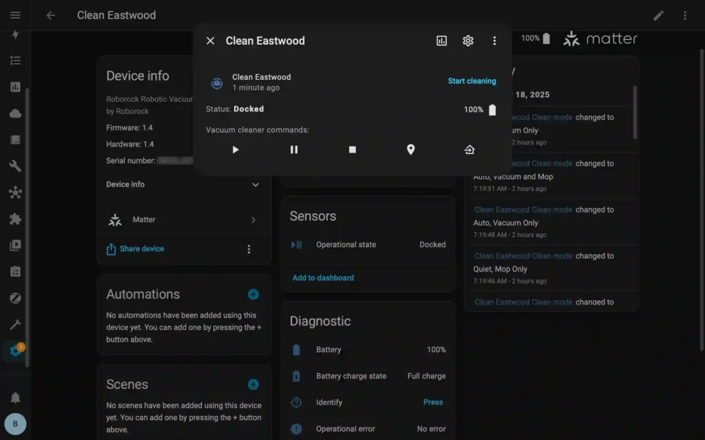 Roborock Qrevo C Pro device controls in Home Assistant Matter Integration