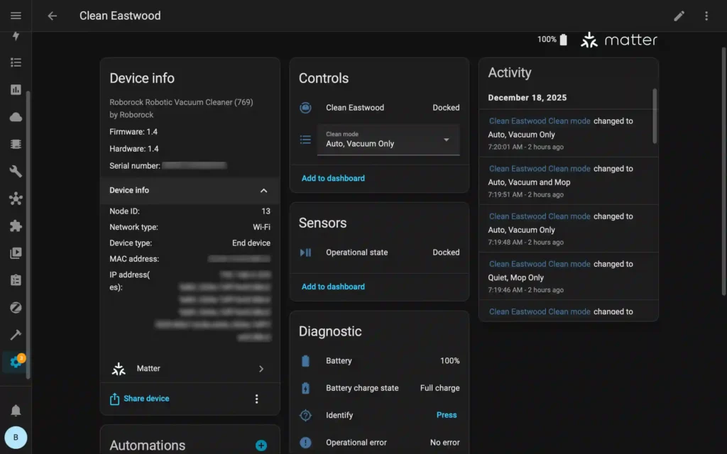 Roborock Qrevo C Pro device details in Home Assistant Matter Integration