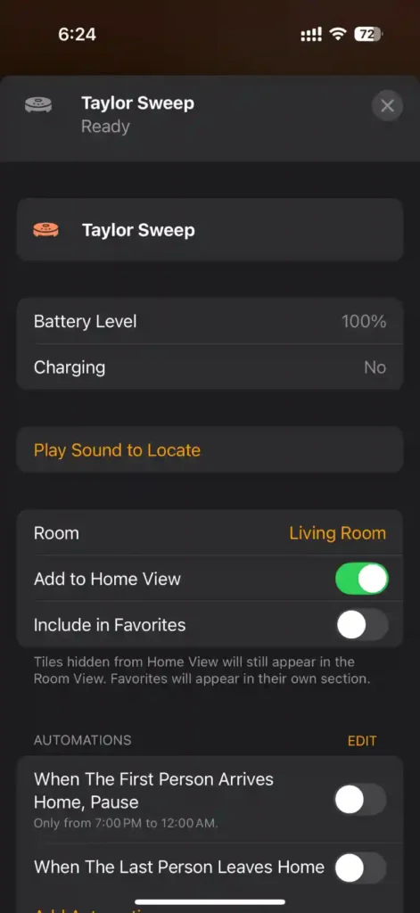 Roborock Qrevo C Pro settings in Apple Home