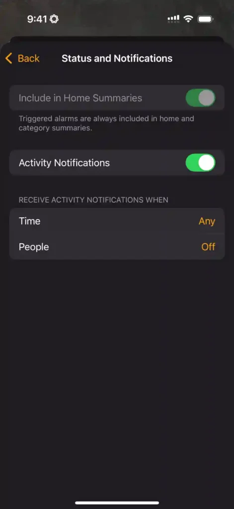 Apple Home Status and Notification Settings