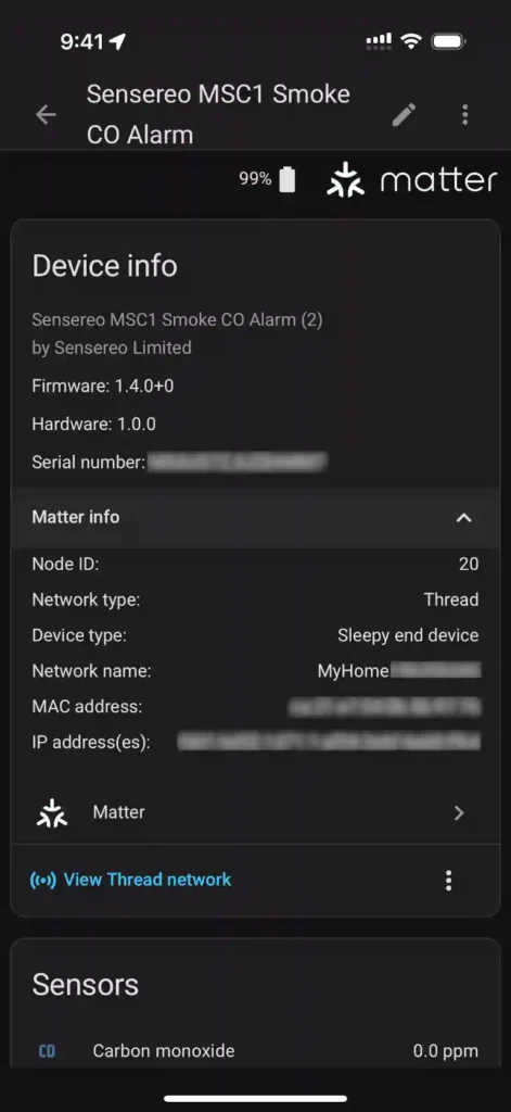 Sensereo MSC-1 Device Info in Home Assistant