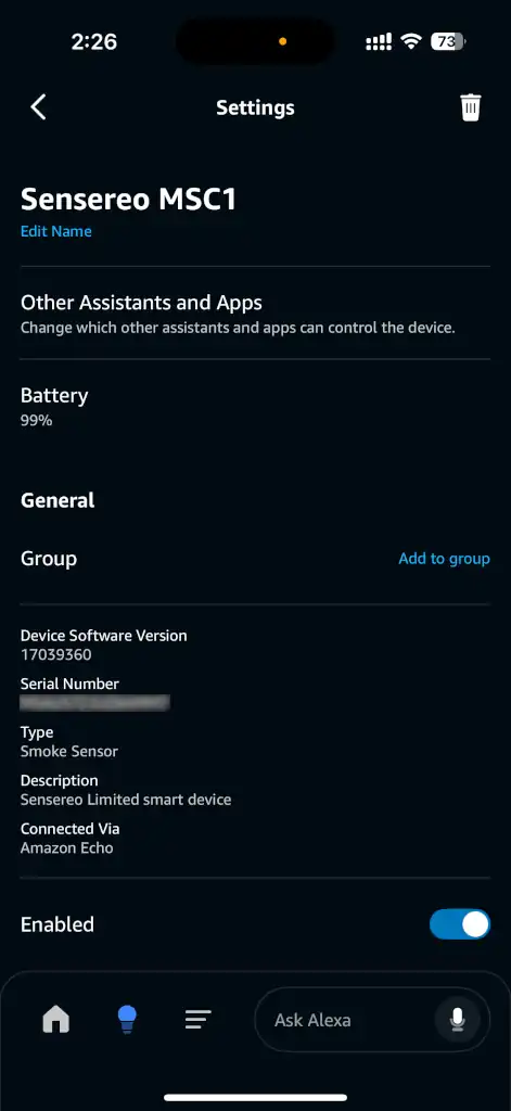 Sensereo MSC-1 device settings in Alexa