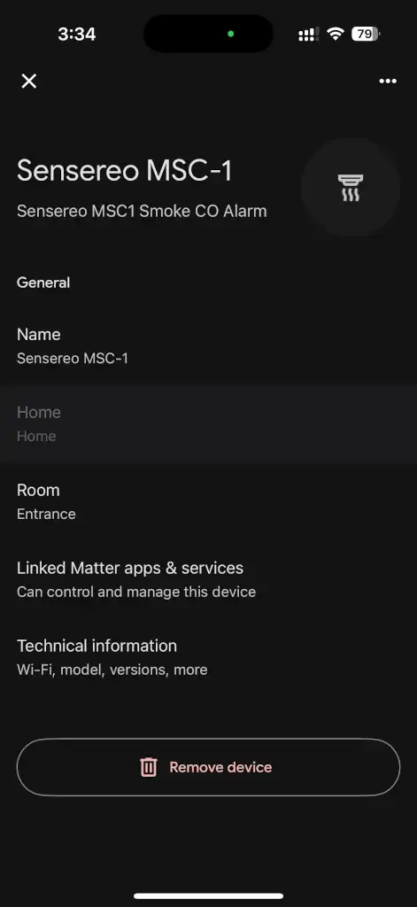 Sensereo MSC-1 device settings in Google Home
