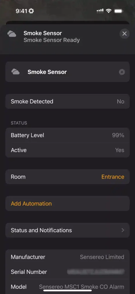 Sensereo MSC-1 Smoke Sensor in Apple Home