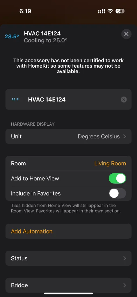 Apple Home device settings for Spacemate smart air-conditioner module