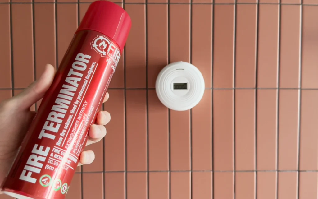 Fire extinguisher on standby for Sensereo MSC-1 real smoke test