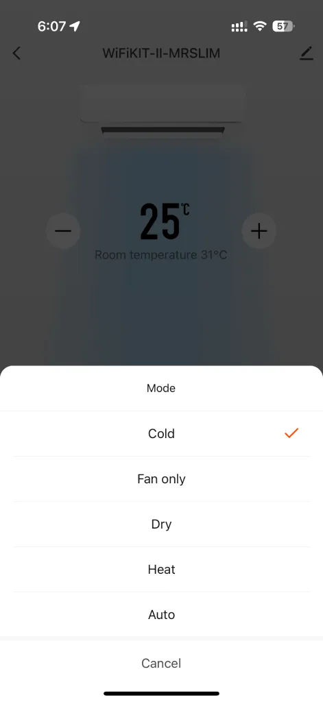 Tuya device operating mode selection for Spacemate smart air-conditioner module