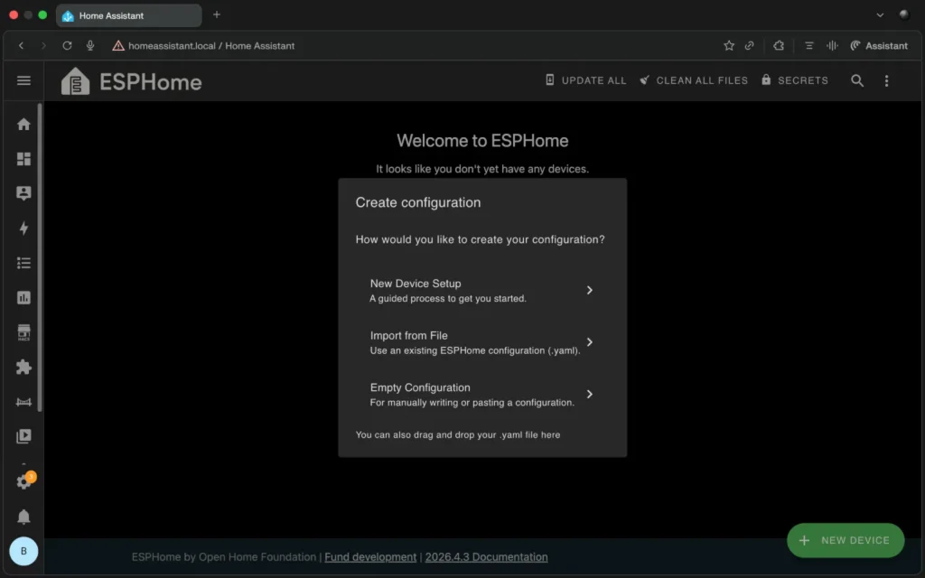 Home Assistant ESPHome app new device configuration
