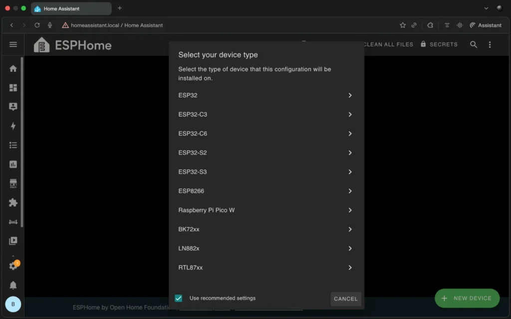 Home Assistant ESPHome app new device configuration select device type