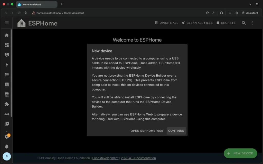 Home Assistant ESPHome app new device setup