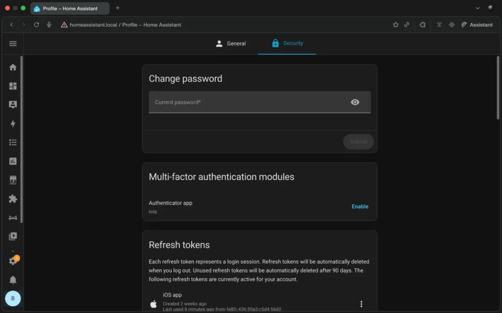 Home Assistant user security settings