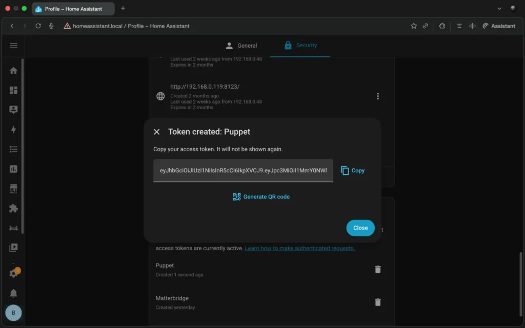 Home Assistant long-lived access token created
