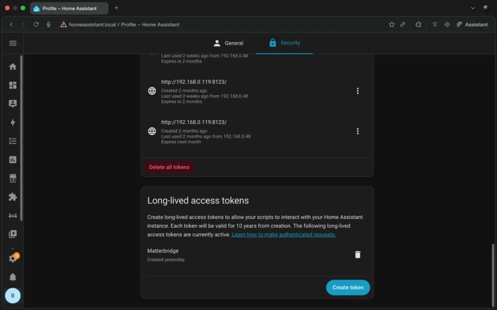 Home Assistant long-lived access token screen