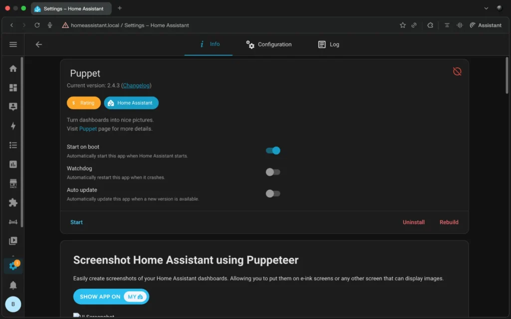 Puppet app installed on Home Assistant