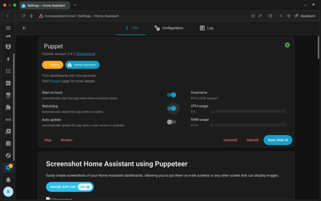 Puppet app running on Home Assistant
