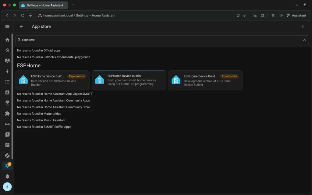 Search for ESPHome in Home Assistant App store