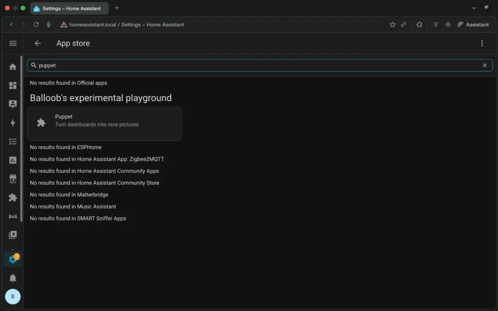 Search for Puppet in Home Assistant App store