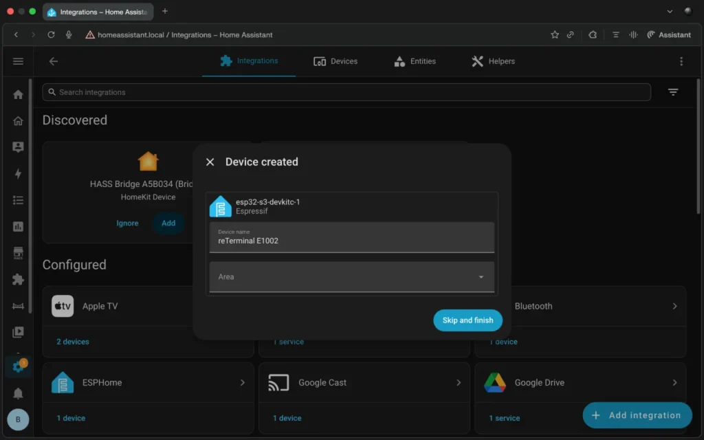 Seeed Studio reTerminal E1002 device created in Home Assistant