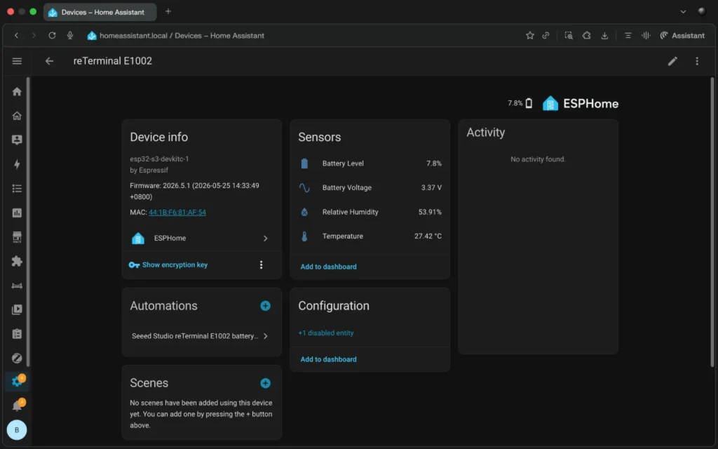 Seeed Studio reTerminal E1002 device sensors in Home Assistant